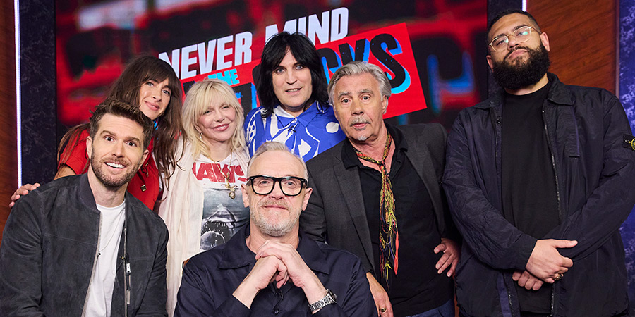 Never Mind The Buzzcocks. Image shows left to right: Joel Dommett, Abi Harding, Courtney Love, Greg Davies, Noel Fielding, Glen Matlock, Jamali Maddix