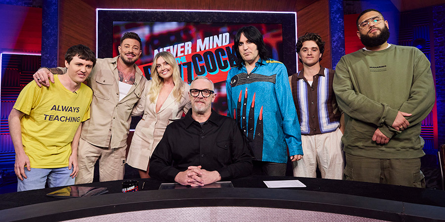 Never Mind The Buzzcocks. Image shows left to right: Sam Campbell, Duncan James, Perrie Edwards, Greg Davies, Noel Fielding, Bradley Simpson, Jamali Maddix