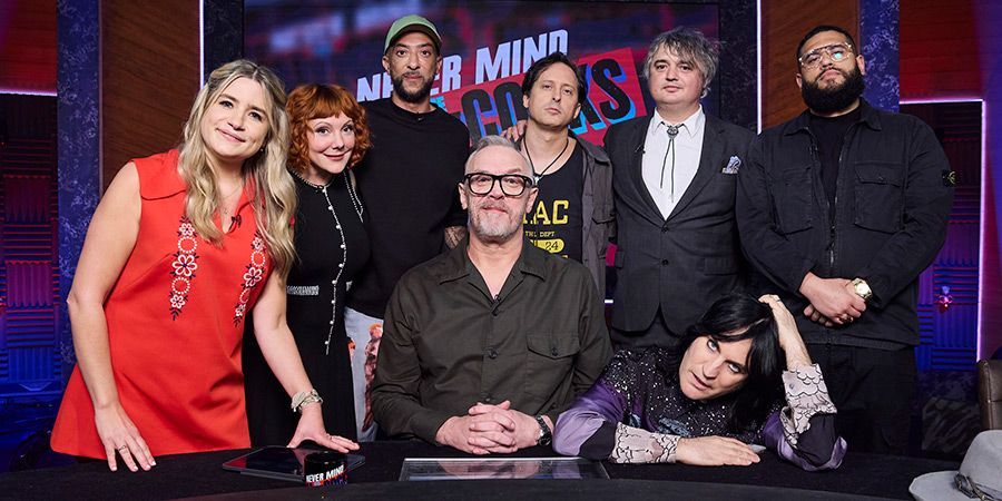 Never Mind The Buzzcocks. Image shows left to right: Harriet Kemsley, Sophie Willan, DJ Target, Greg Davies, Carl Barat, Pete Doherty, Noel Fielding, Jamali Maddix