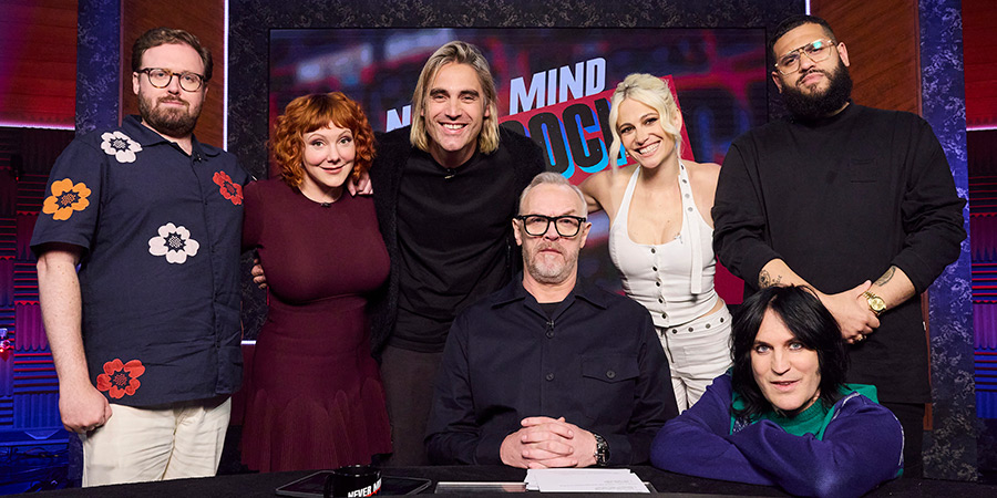 Never Mind The Buzzcocks. Image shows left to right: John Kearns, Sophie Willan, Charlie Simpson, Greg Davies, Pixie Lott, Noel Fielding, Jamali Maddix