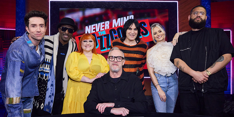 Never Mind The Buzzcocks. Image shows left to right: Nick Grimshaw, Megaman, Beth Ditto, Greg Davies, Noel Fielding, Kimberly Wyatt, Jamali Maddix