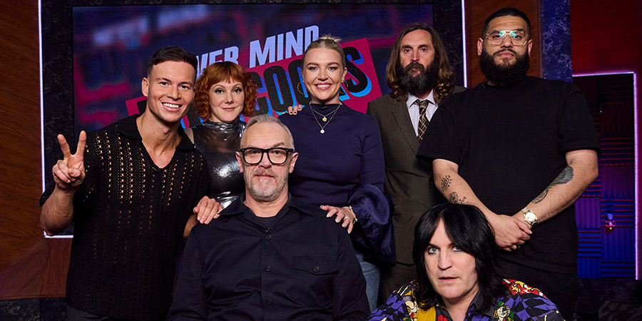 Never Mind The Buzzcocks. Image shows left to right: Joel Corry, Sophie Willan, Greg Davies, Self Esteem, Joe Wilkinson, Noel Fielding, Jamali Maddix