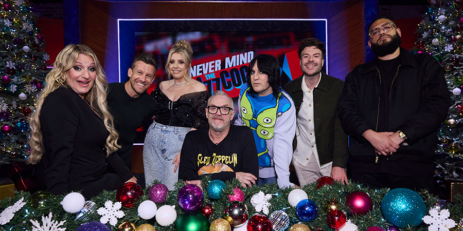 Never Mind The Buzzcocks. Image shows left to right: Daisy May Cooper, Chris Ramsey, Ella Henderson, Greg Davies, Noel Fielding, Jordan North, Jamali Maddix