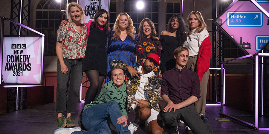 BBC New Comedy Awards. Image shows from L to R: Eva Bindeman, Molly McGuinness, Amy Gledhill, Josh Jones, Rosie Jones, Mawaan Rizwan, Seeta Wrightson, Harry Wright, Izzy Askwith. Copyright: Phil McIntyre Entertainment