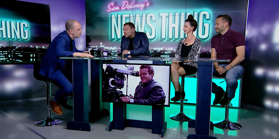 Sam Delaney's News Thing. Image shows from L to R: Sam Delaney, Shaun Ryder, Felicity Ward, Geoff Norcott