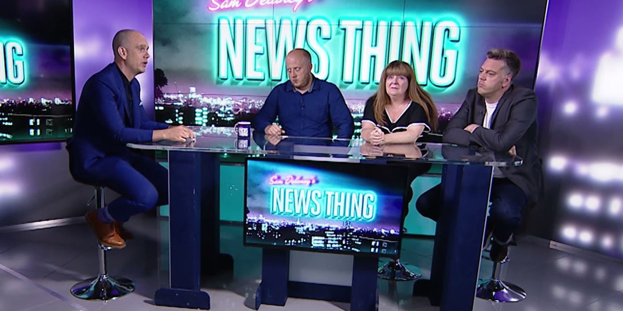 Sam Delaney's News Thing. Image shows from L to R: Sam Delaney, Marek Larwood, Janey Godley, Iain Lee