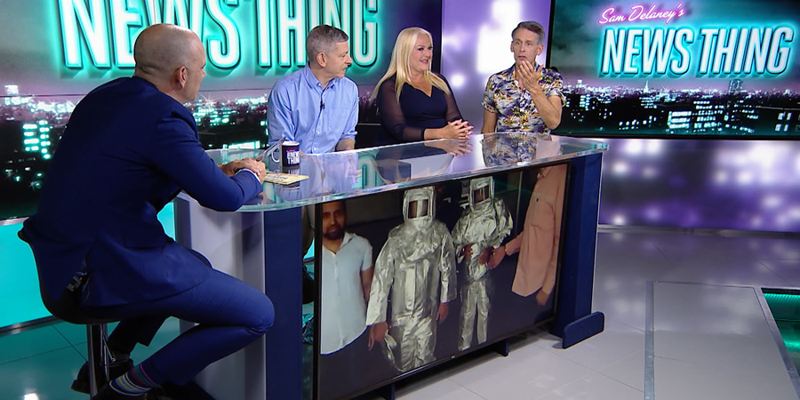 Sam Delaney's News Thing. Image shows from L to R: Sam Delaney, David Mills, Vanessa Feltz, Scott Capurro