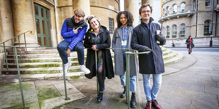 Newsjack. Image shows from L to R: Luke Kempner, Kiri Pritchard-McLean, Mali Ann Rees, George Fouracres. Copyright: BBC