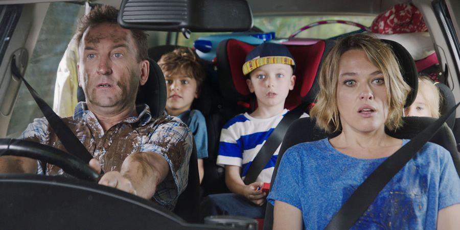 Not Going Out. Image shows from L to R: Lee (Lee Mack), Benji (Max Pattison), Charlie (Finley Southby), Lucy (Sally Bretton)