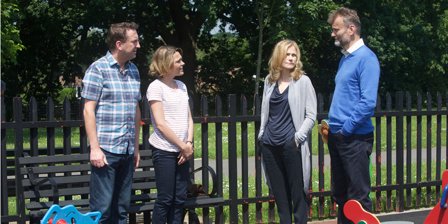 Not Going Out. Image shows from L to R: Lee (Lee Mack), Lucy (Sally Bretton), Anna (Abigail Cruttenden), Toby (Hugh Dennis)