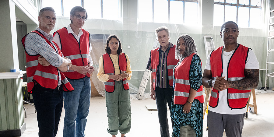 The Outlaws. Image shows from L to R: John (Darren Boyd), Greg (Stephen Merchant), Rani Rekowski (Rhianne Barreto), Frank (Christopher Walken), Myrna (Clare Perkins), Christian (Gamba Cole)