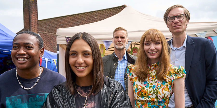 The Outlaws. Image shows from L to R: Christian (Gamba Cole), Rani Rekowski (Rhianne Barreto), John (Darren Boyd), Gabby (Eleanor Tomlinson), Greg (Stephen Merchant)