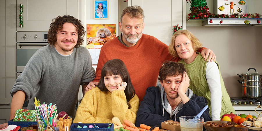 Outnumbered. Image shows left to right: Ben (Daniel Roche), Karen (Ramona Marquez), Pete (Hugh Dennis), Jake (Tyger Drew-Honey), Sue (Claire Skinner)