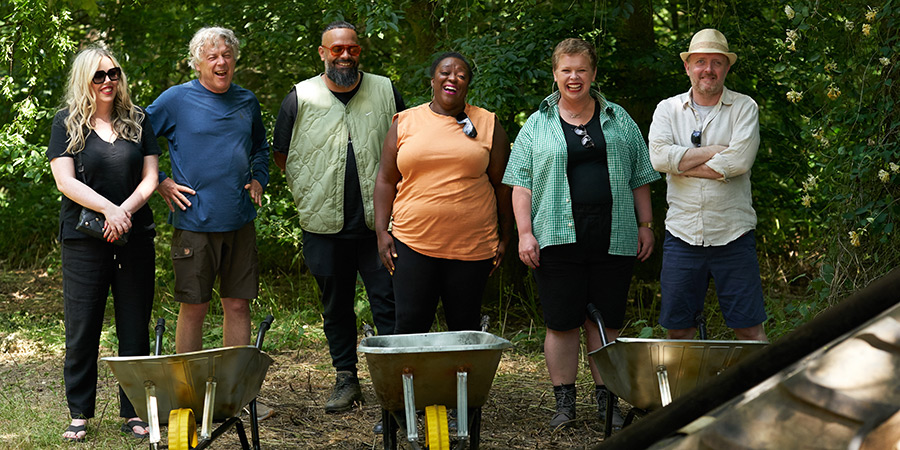 Outsiders. Image shows left to right: Roisin Conaty, Alan Davies, Guz Khan, Judi Love, Laura Smyth, Chris McCausland