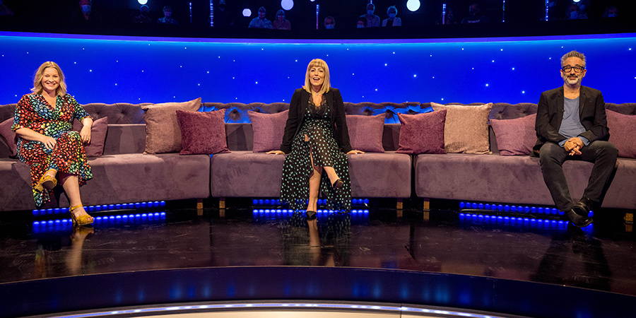 Paul Sinha's TV Showdown. Image shows from L to R: Joanna Page, Fay Ripley, David Baddiel