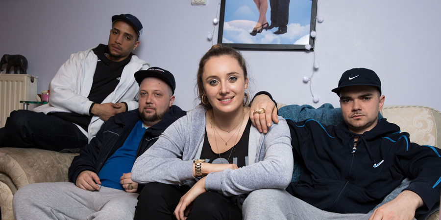 People Just Do Nothing. Image shows from L to R: Decoy (Daniel Sylvester Woolford), Beats (Hugo Chegwin), Michelle (Lily Brazier), Grindah (Allan Mustafa). Copyright: Roughcut Television