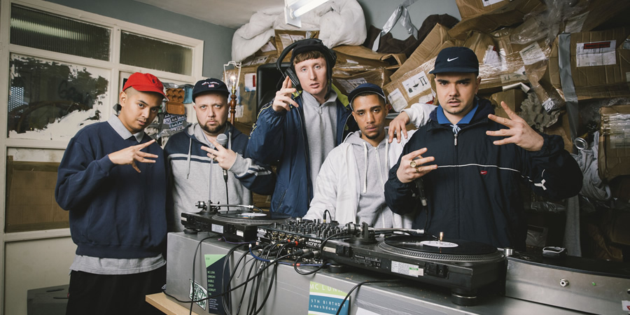 People Just Do Nothing. Image shows from L to R: Beats (Hugo Chegwin), Steves (Steve Stamp), Decoy (Daniel Sylvester Woolford), Grindah (Allan Mustafa). Copyright: Roughcut Television