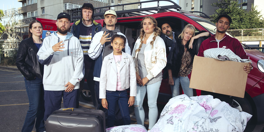 People Just Do Nothing. Image shows from L to R: Roche (Ruth Bratt), Beats (Hugo Chegwin), Steves (Steve Stamp), Grindah (Allan Mustafa), Angel (Olivia Jasmine Edwards), Michelle (Lily Brazier), Chabuddy G (Asim Chaudhry), Carol (Victoria Alcock), Decoy (Daniel Sylvester Woolford). Copyright: Roughcut Television