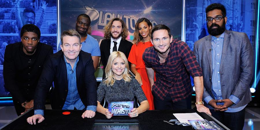 Play To The Whistle. Image shows from L to R: Wilfried Zaha, Bradley Walsh, Funmbi Omotayo, Seann Walsh, Holly Willoughby, Rochelle Humes, Frank Lampard, Romesh Ranganathan. Copyright: Hungry Bear Media