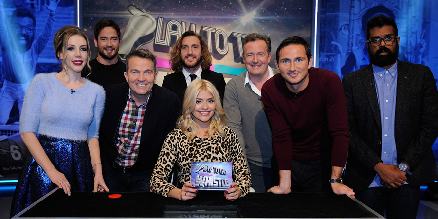 Play To The Whistle. Image shows from L to R: Katherine Ryan, Danny Cipriani, Bradley Walsh, Seann Walsh, Holly Willoughby, Piers Morgan, Frank Lampard, Romesh Ranganathan