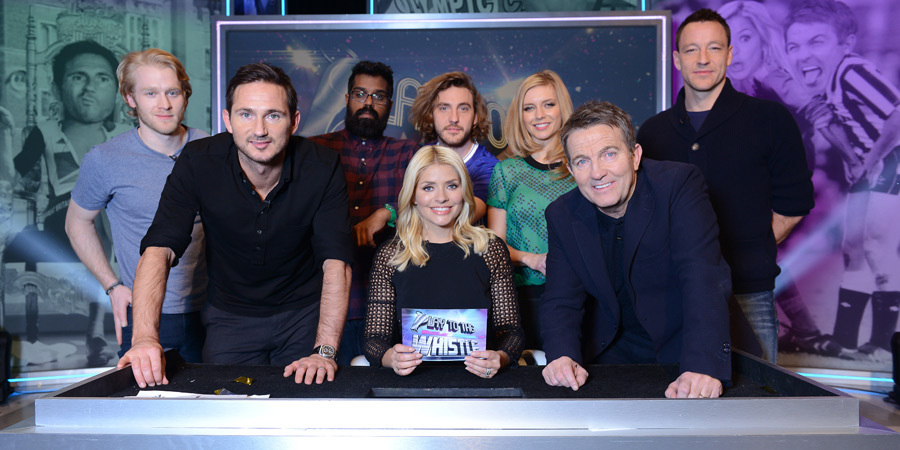 Play To The Whistle. Image shows from L to R: Jonnie Peacock, John Terry, Romesh Ranganathan, Holly Willoughby, Seann Walsh, Rachel Riley, Bradley Walsh. Copyright: Hungry Bear Media