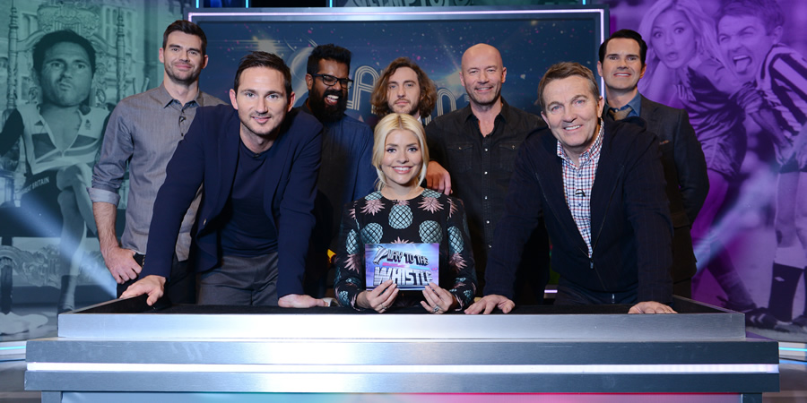 Play To The Whistle. Image shows from L to R: James Anderson, Frank Lampard, Romesh Ranganathan, Holly Willoughby, Seann Walsh, Alan Shearer, Bradley Walsh, Jimmy Carr. Copyright: Hungry Bear Media