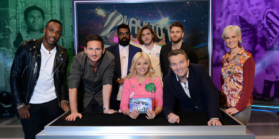 Play To The Whistle. Image shows from L to R: Michail Antonio, Frank Lampard, Romesh Ranganathan, Holly Willoughby, Seann Walsh, Bradley Walsh, Joel Dommett, Judy Murray. Copyright: Hungry Bear Media