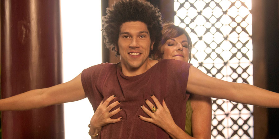 Plebs. Image shows from L to R: Stylax (Joel Fry), Flavia (Doon Mackichan). Copyright: RISE Films