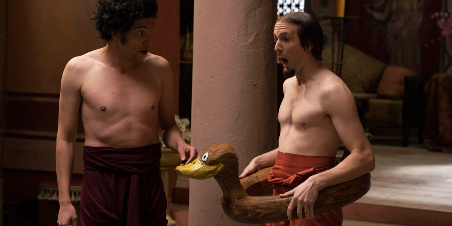 Plebs. Image shows from L to R: Stylax (Joel Fry), Aurelius (Tom Basden). Copyright: RISE Films