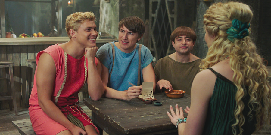 Plebs. Image shows from L to R: Jason (Jon Pointing), Marcus (Tom Rosenthal), Grumio (Ryan Sampson). Copyright: RISE Films