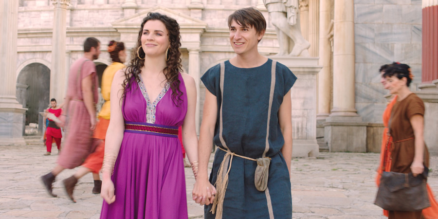 Plebs. Image shows from L to R: Minerva (Aisling Bea), Marcus (Tom Rosenthal). Copyright: RISE Films