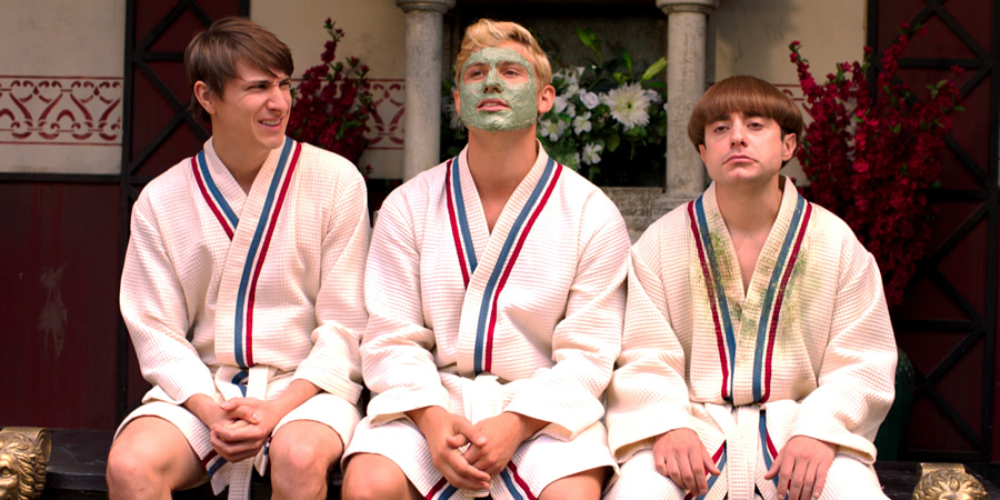 Plebs. Image shows from L to R: Marcus (Tom Rosenthal), Jason (Jon Pointing), Grumio (Ryan Sampson). Copyright: RISE Films