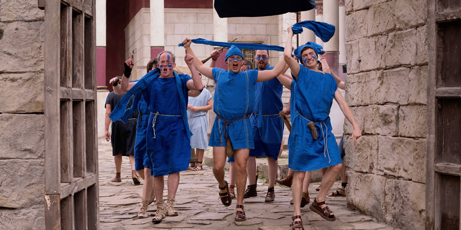 Plebs. Image shows from L to R: Nigellus (Dominic Coleman), Jason (Jon Pointing), Marcus (Tom Rosenthal). Copyright: RISE Films Plebs. Image shows from L to R: Nigellus (Dominic Coleman), Jason (Jon Pointing), Marcus (Tom Rosenthal). Copyright: RISE Films