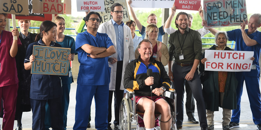 Porters. Image shows from L to R: Frankie (Susan Wokoma), Hutch (Neil Stuke), Dr Kelly (Jo Joyner), Dr. McKenzie (James Atherton)