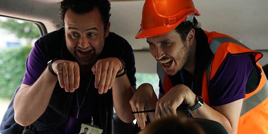 Porters. Image shows from L to R: Anthony De La Mer (Daniel Mays), Simon Porter (Edward Easton)