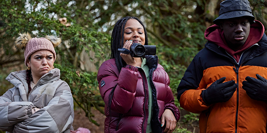 PRU. Image shows from L to R: Belle (Pia Somersby), Sienna (Nkechi Simms), Jaeden (Michael Boahen)