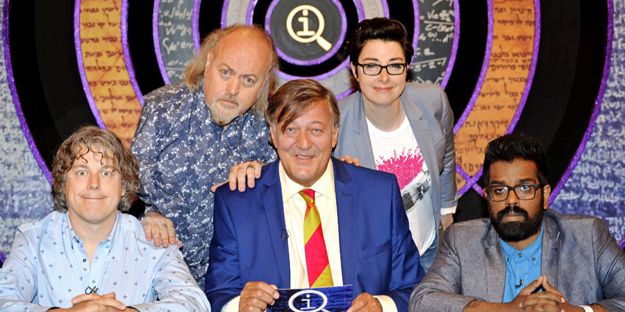 QI. Image shows from L to R: Alan Davies, Bill Bailey, Stephen Fry, Sue Perkins, Romesh Ranganathan. Copyright: TalkbackThames