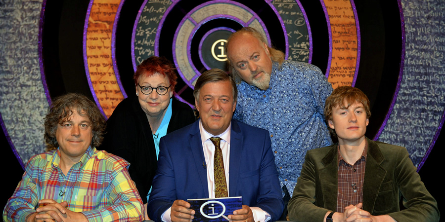 QI. Image shows from L to R: Alan Davies, Jo Brand, Stephen Fry, Bill Bailey, James Acaster. Copyright: TalkbackThames