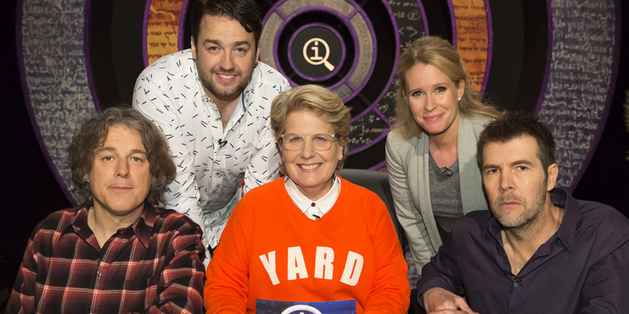 QI. Image shows from L to R: Alan Davies, Jason Manford, Sandi Toksvig, Lucy Beaumont, Rhod Gilbert. Copyright: TalkbackThames