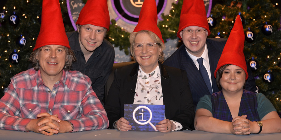 QI. Image shows from L to R: Alan Davies, Josh Widdicombe, Sandi Toksvig, Matt Lucas, Susan Calman. Copyright: TalkbackThames