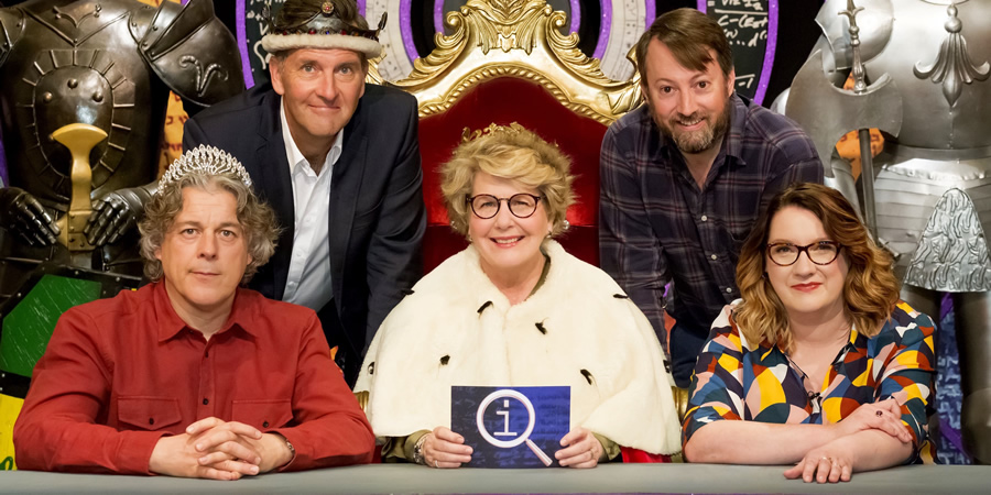 QI. Image shows from L to R: Alan Davies, Colin Lane, Sandi Toksvig, David Mitchell, Sarah Millican