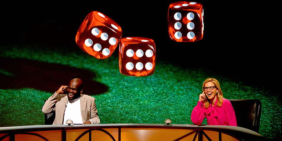 QI. Image shows from L to R: Daliso Chaponda, Sally Phillips