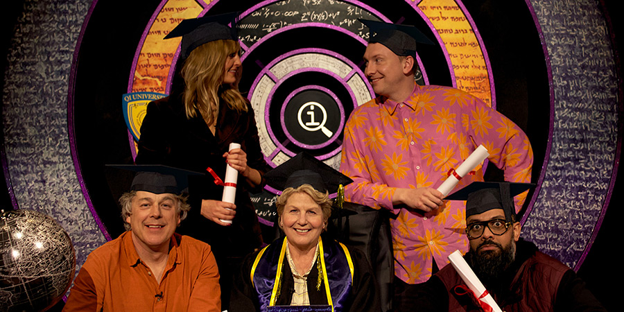 QI. Image shows left to right: Alan Davies, Morgana Robinson, Sandi Toksvig, Joe Lycett, Guz Khan