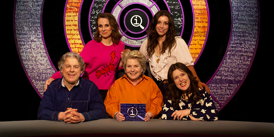 QI. Image shows left to right: Alan Davies, Cariad Lloyd, Sandi Toksvig, Bridget Christie, Rosie Jones