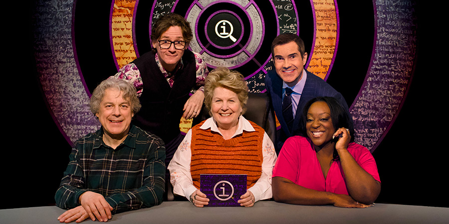 QI. Image shows left to right: Alan Davies, Ed Byrne, Sandi Toksvig, Jimmy Carr, Judi Love