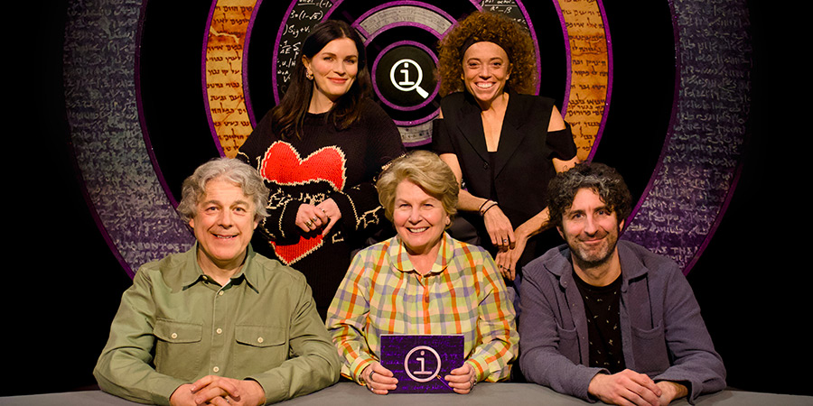 QI. Image shows left to right: Alan Davies, Aisling Bea, Sandi Toksvig, Michelle Wolf, Mark Watson