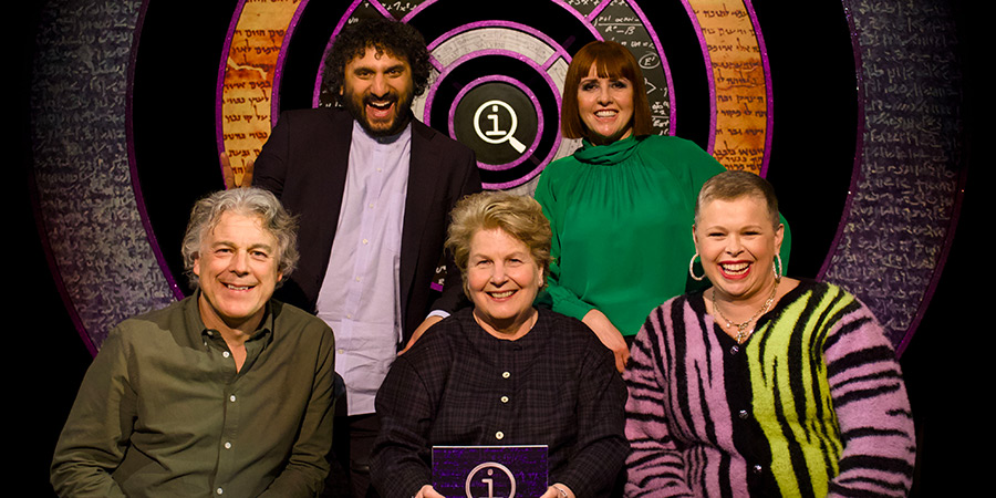 QI. Image shows left to right: Alan Davies, Nish Kumar, Sandi Toksvig, Cally Beaton, Laura Smyth