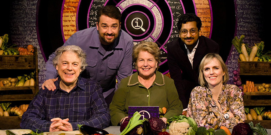 QI. Image shows left to right: Alan Davies, Jason Manford, Sandi Toksvig, Ahir Shah, Holly Walsh