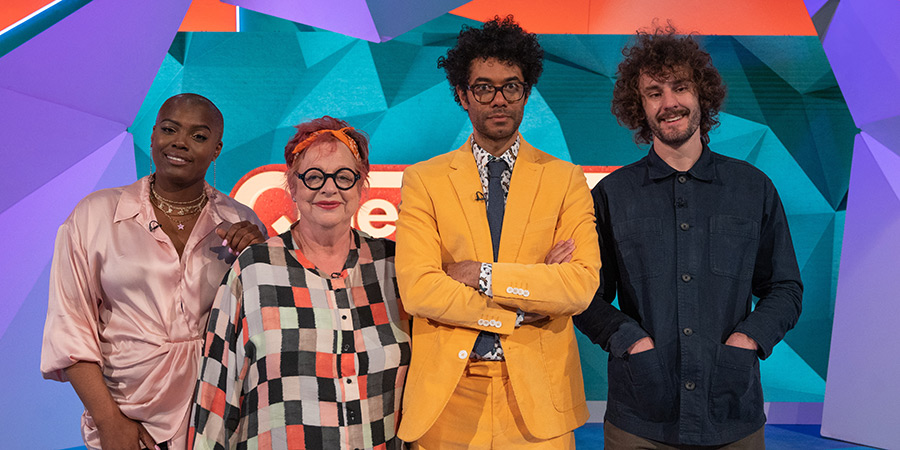 Question Team. Image shows from L to R: Thanyia Moore, Jo Brand, Richard Ayoade, Josh Pugh