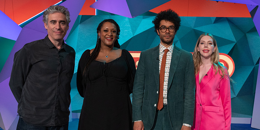 Question Team. Image shows from L to R: Stephen Mangan, Dana Alexander, Richard Ayoade, Katherine Ryan